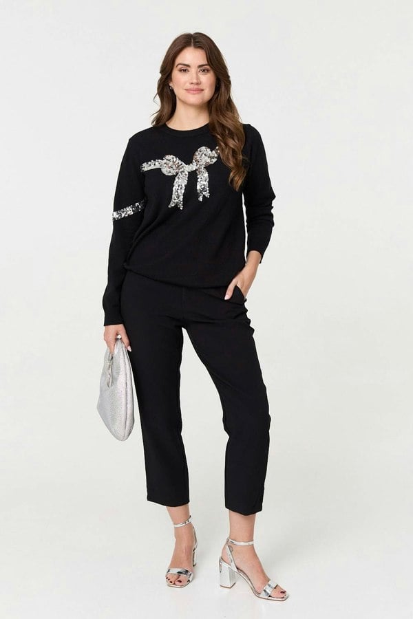 Black | Sequin Bow Print Long Sleeve Jumper
