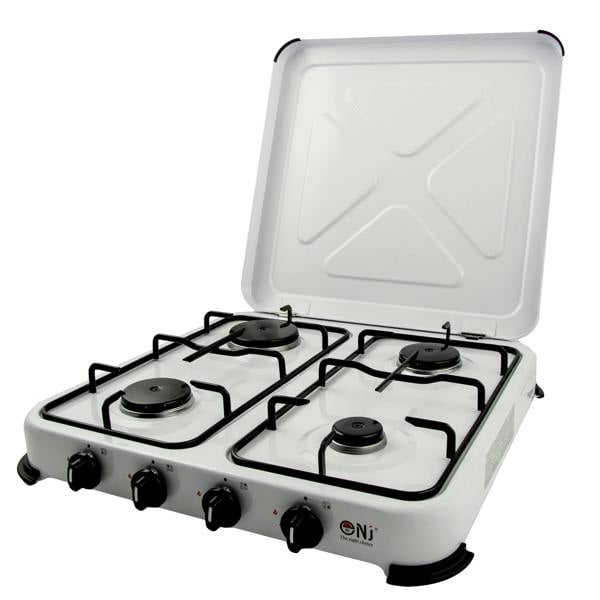 Portable gas stove with four burners and a white cover