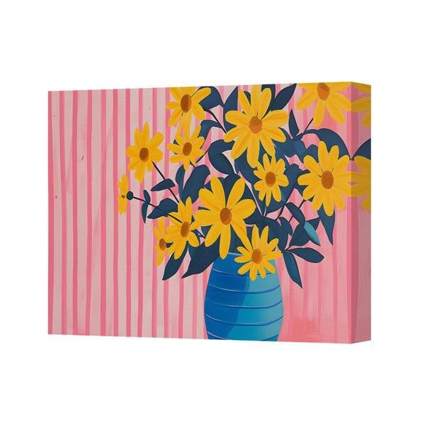 Benjamin Tate Design Bright Yellow Daisy Bouquet On Blue Vase Canvas Wall Art