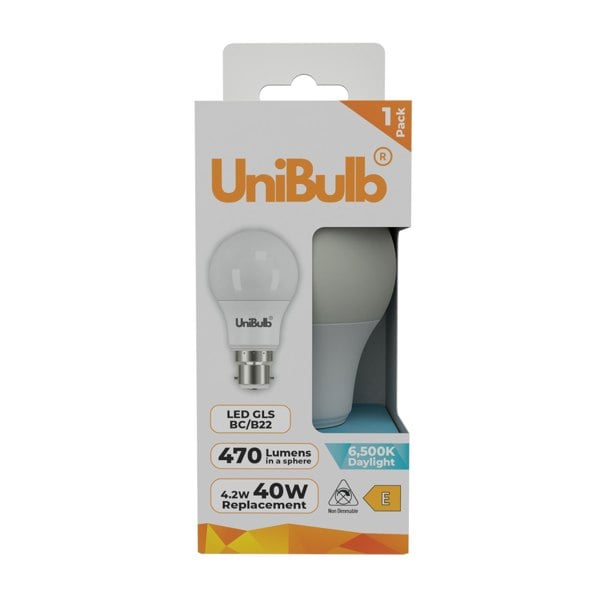 UniBulb LED GLS B22 470lm 4.2W 6500K (Daylight) Light bulb - Pack of 1 front