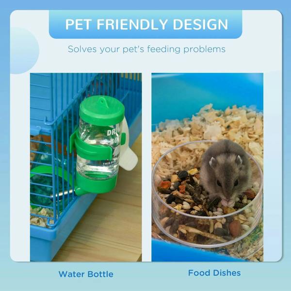 Blue hamster cage interior with water bottle and food dishes