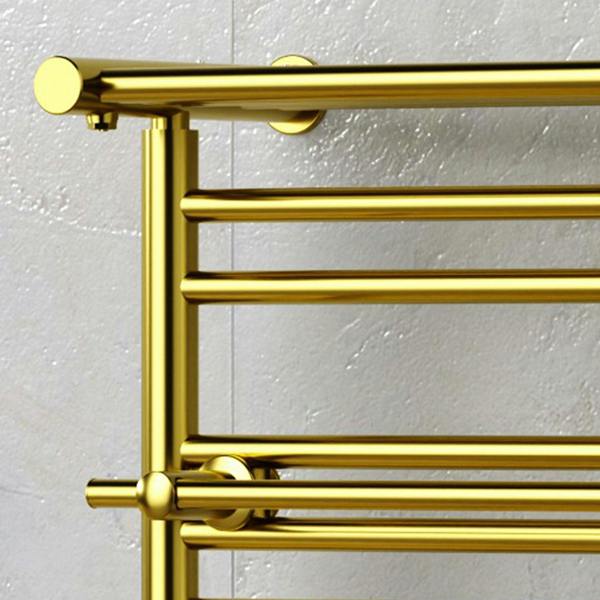 MYHOMEWARE 490mm x 680mm Gold Heated Towel Rail Radiator Top Shelf & Two Towel Holder OSLO For Bathroom