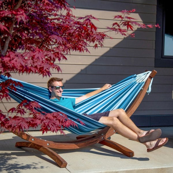 Vivere Double Cotton Hammock with Solid Pine Stand (260cm) - Blue Lagoon