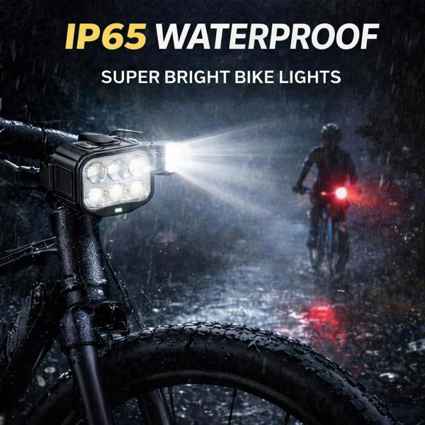 KAV USB Rechargeable Bike Light Set 6 LED 500 Lumen Headlight & Tail Light High Low Beam IP65 Waterproof 8/12 Modes Easy Mount for Road Bike