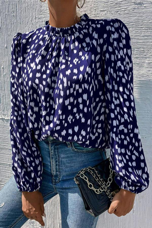 FS Collection Animal Print Frill Detail High Neck Top In Navy
