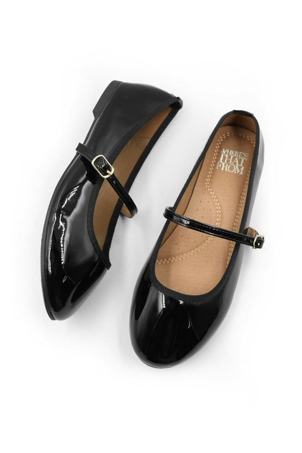 Where's That From Josie Ballerina Flats With Strap Detail in Black Patent