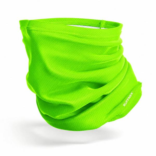 RUFFNEK® AirMesh Fluorescent Green Snood shown as a 3d face mask cover – breathable, moisture-wicking multifunctional neck gaiter scarf with UPF 50+ protection. For sport and outdoor activities including workwear.