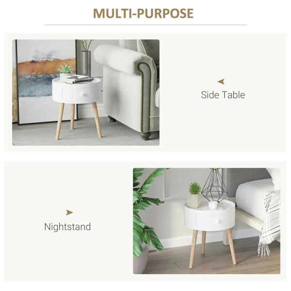 White round side table with drawer and light wood legs