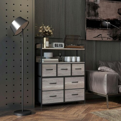 Wyld Haus Norale Fabric And Wood Grey Wood Effect 7 Drawer Rustic Storage Chest