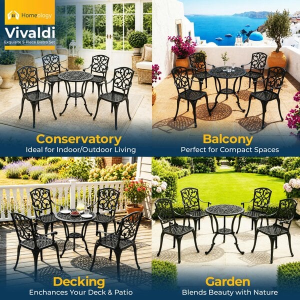 Homeology VIVALDI Black 5-Piece Cast Aluminium Garden Bistro Set- Rust-Proof Round Table with Parasol Hole & 4 Large Armchairs- Baroque Design