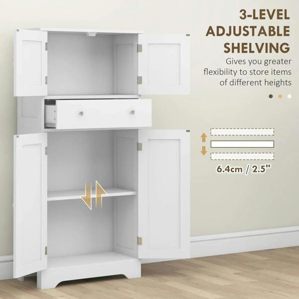 White freestanding kitchen cabinet with adjustable interior shelving and pull-out drawer