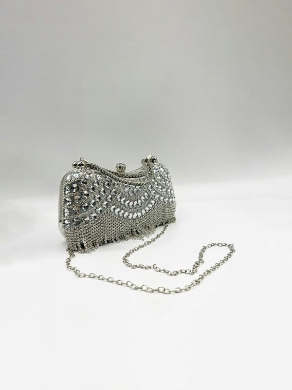 SVNX Embellished Fringe Clutch Bag In Silver
