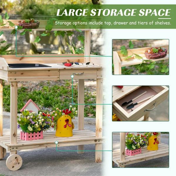 Wood potting bench with large multi-tier storage and drawer for gardening tools