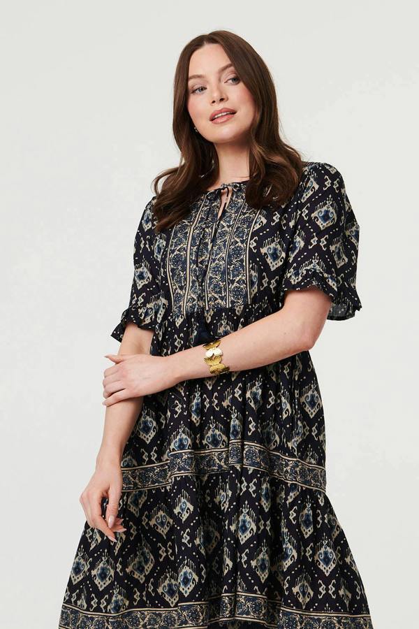 Navy | Printed 1/2 Flared Sleeve Short Dress