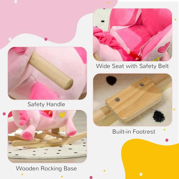 Pink unicorn rocking horse ride-on features: safety handle, footrest, wooden rocking base