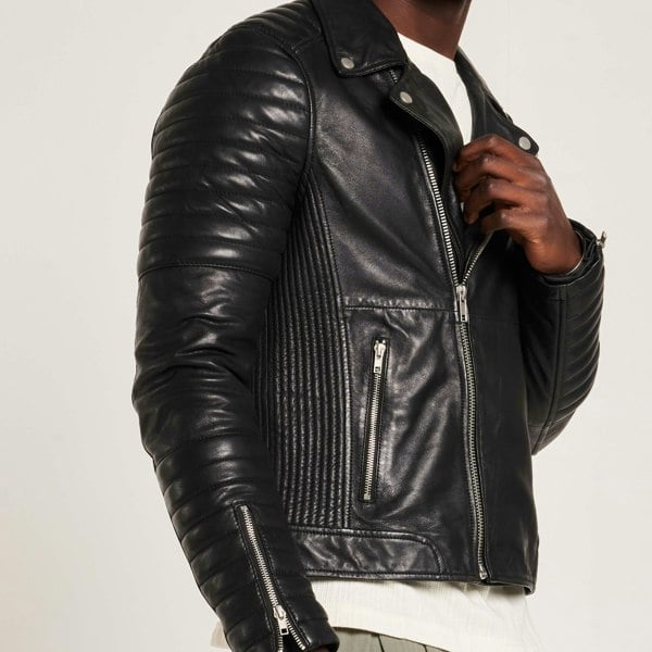 Barneys Originals Men's Leather Biker Jacket with Quilted Ribbed Sleeves