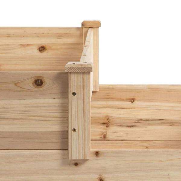Close-up of raised wooden garden bed side post and connecting bracket