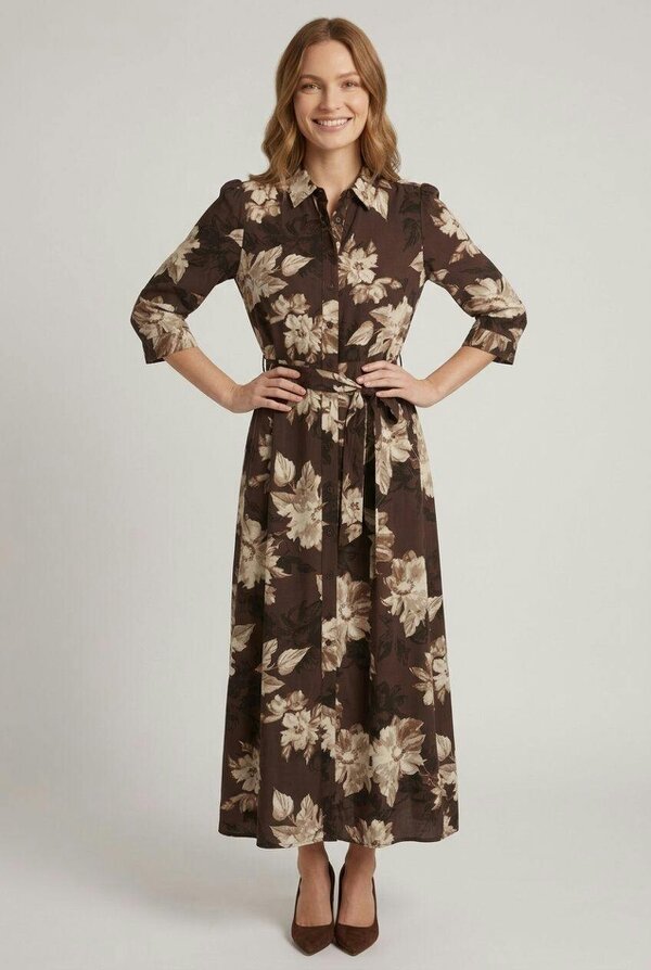 Izabel London Floral 3/4 Sleeve Tie Maxi Shirt Dress