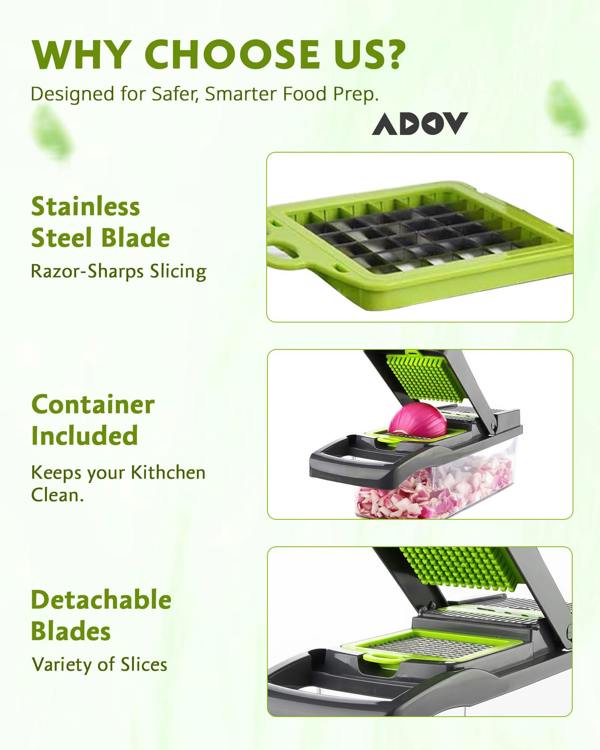 ADOV Vegetable Chopper, Multi-Function Mandoline Slicer with 7 Stainless Steel Blades, Container and Safety Guard