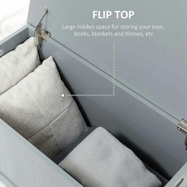Grey toy chest open-top interior with fabric padding and safety hinge hardware