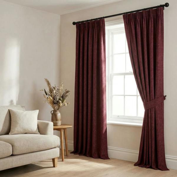 Madrid made-to-measure curtains in Burgundy, styled in a living room