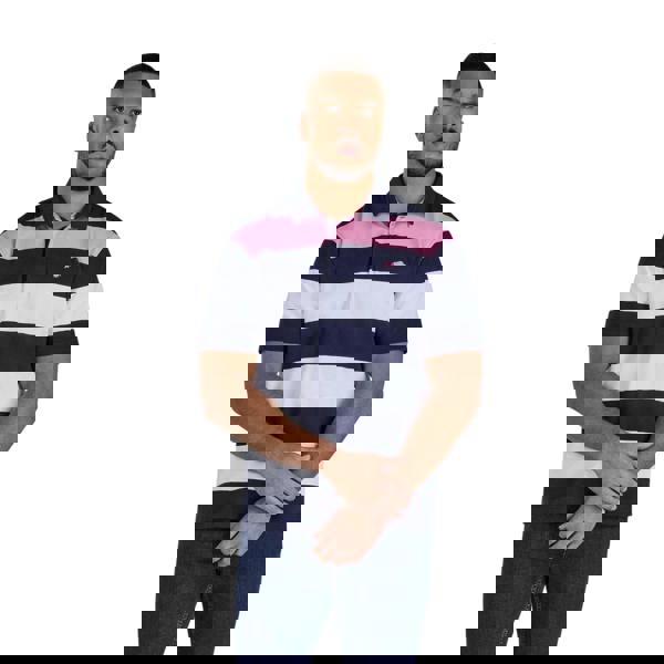 Raging Bull Mens Irregular Stripe Jersey Rugby Polo Shirt - Navy/White/Pink - 