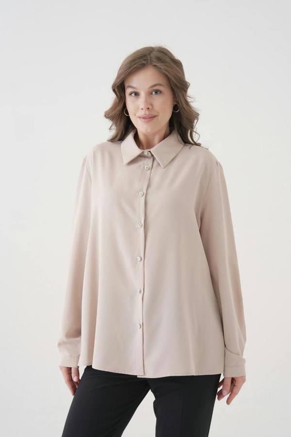 Hoxton Gal Oversized Long-Sleeves Pointed Collar Neckline Blouse in Beige