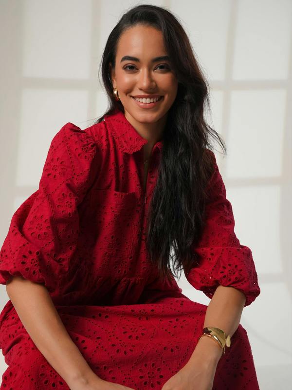 Rose & Nancy Lucille Red Embroidered Midi Shirt Dress&nbsp;