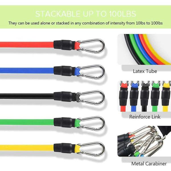 ENER-J Set of 11 Home Exercise Resistance Band With Foam Handles, Ankle Straps & Door Anchor Attachment
