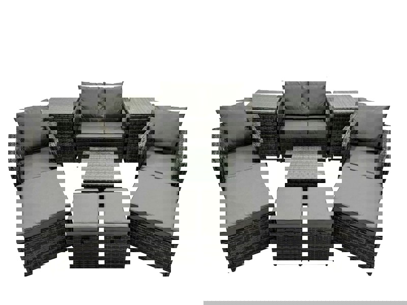 Fimous Rattan Garden Outdoor Furniture Set Love Sofa Square Coffee Table Set with 4 Stools 2 Side Table Dark Grey Mixed