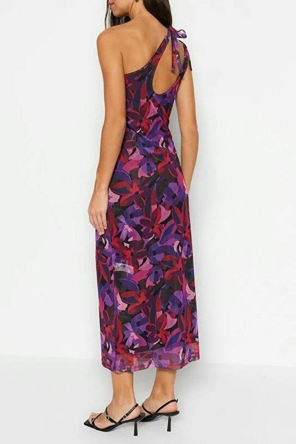 WOVCOR Asymmetrical Collar Tulle Lined Fitted Maxi Stretch Knit Pencil Dress