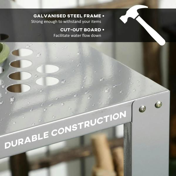 Silver perforated metal shelf panel with cut-out holes and frame corner, water droplets.