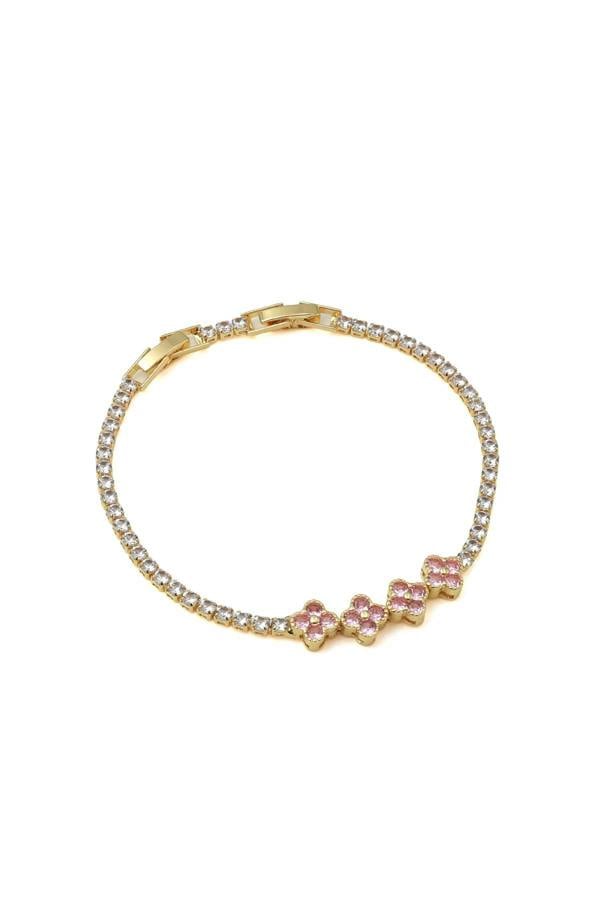 Say It With Four Clover Tennis Bracelet Pink Stone - Yellow Gold