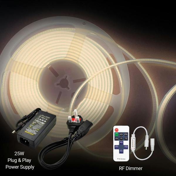 ENER-J 5m LED COB Strip 480L/M 24V, 4000K with RF Dimmer and 25W Plug & Play Power Supply