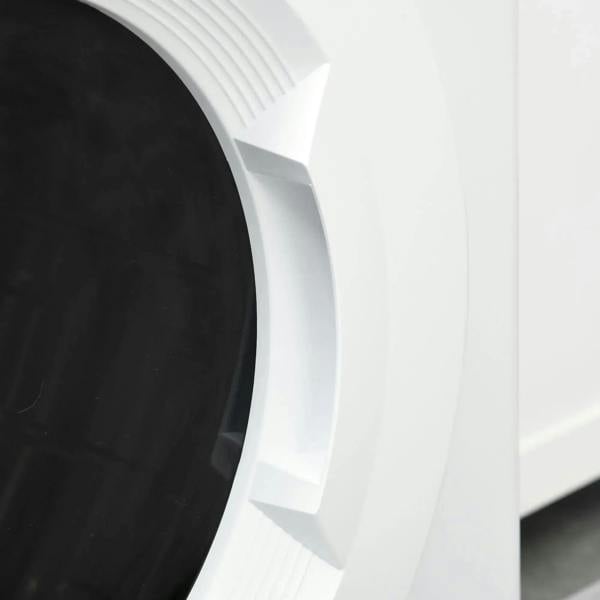 Close-up of white dryer door edge and latch area near the front window
