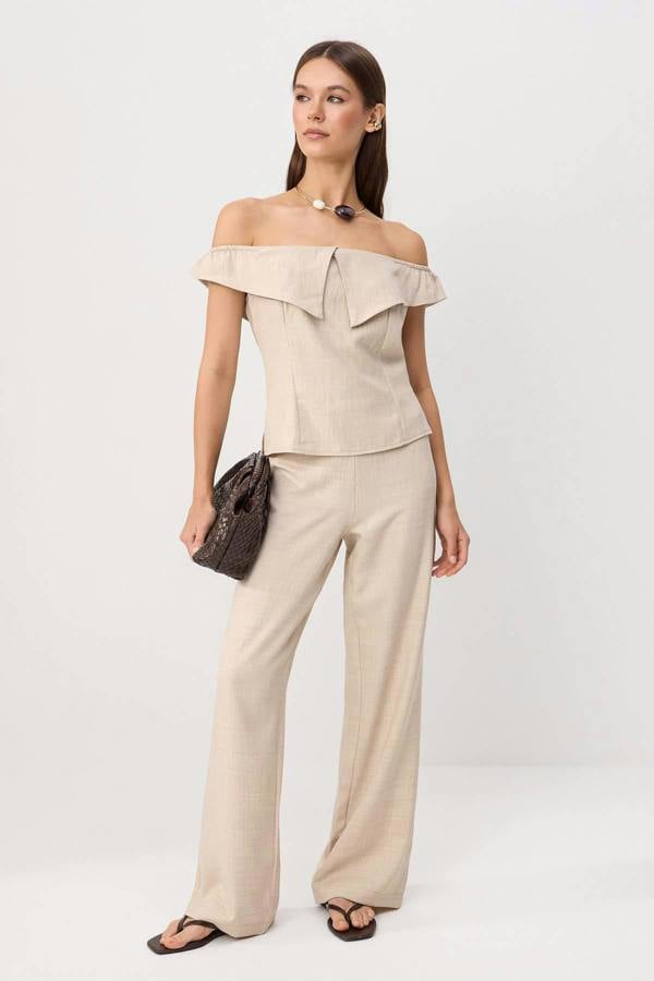 2-Piece Boat Neck Fitted Blouse and Wide Leg Trouser Co-ord