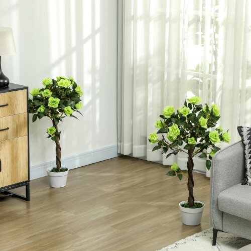 Outsunny Set of 1/2 90cm Artificial Rose Tree, Fake Decorative Plant - Green