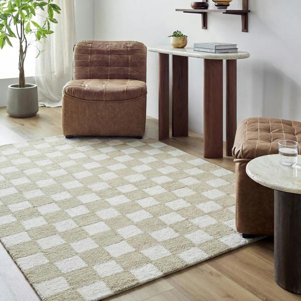 Livabliss Klopp-Hand Tufted Beige Ivory Wool Checkered Fringe Rug