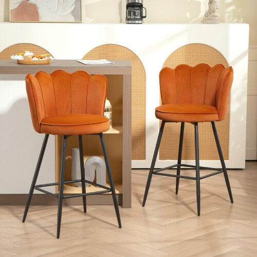Wyld Haus Nivi Set Of 2 Orange Velvet Upholstered Lotus Design Bar Stools
