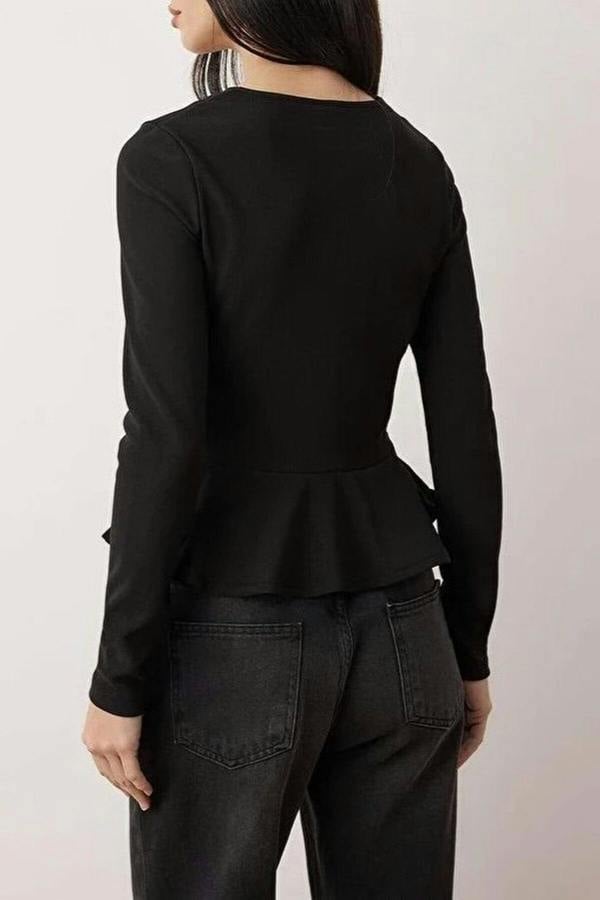 WOVCOR V-Neck Buttoned Peplum Flexible Knit Blouse