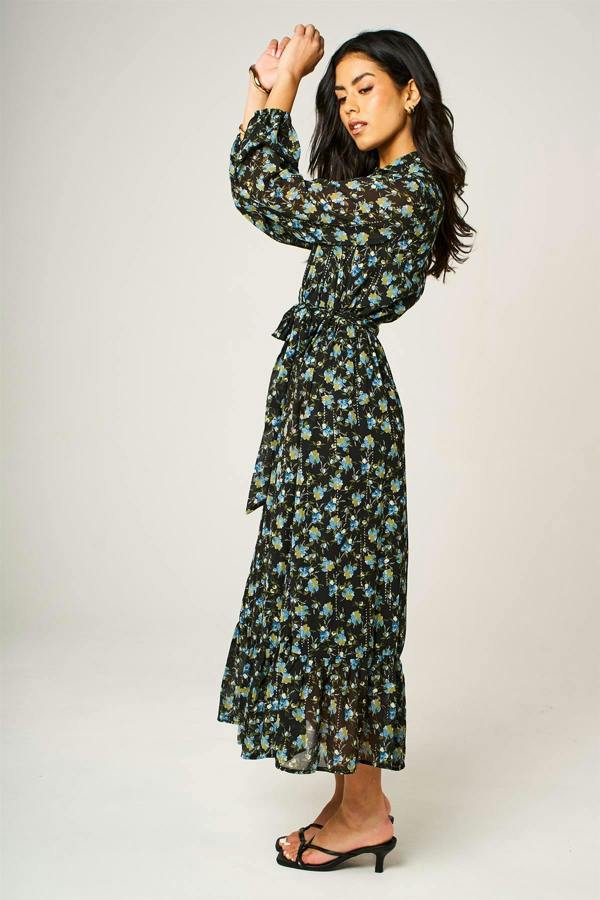 FS Collection Floral Print Hem Detail Shirt Midi Dress With Tie Waist In Black