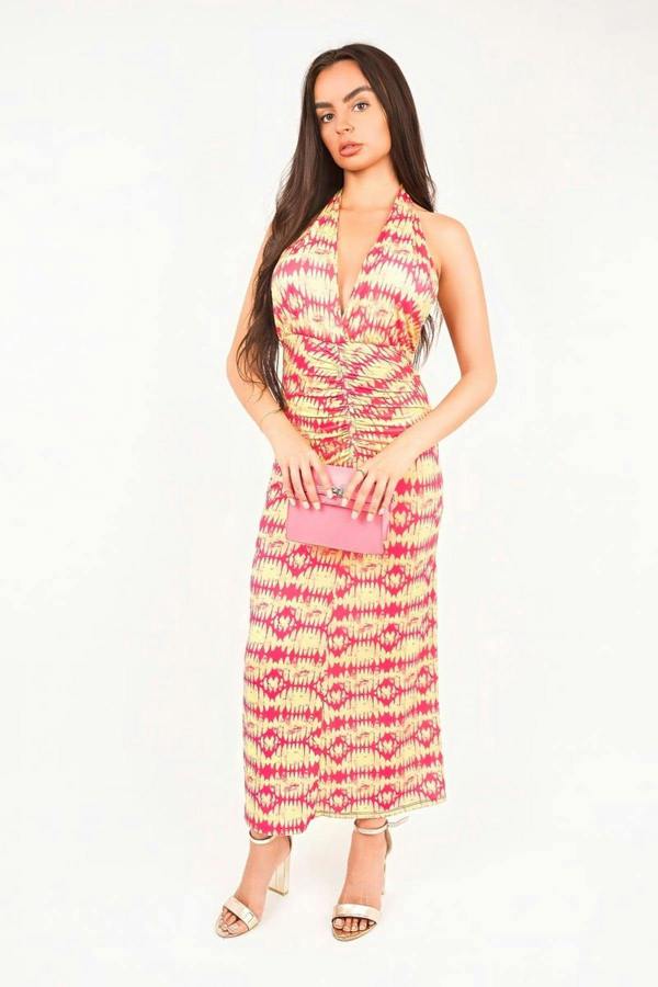 Seraya Halter Neck Ruched Abstract Print Midi Dress - Pink