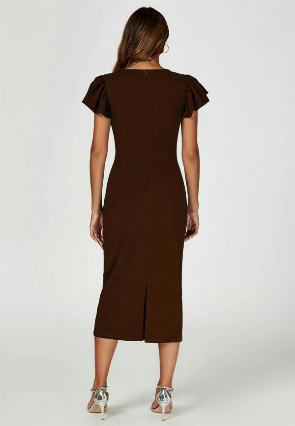 FS Collection Volume Sleeve Bodycon Midi Dress In Espresso