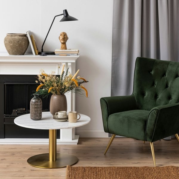 Furniture To Go Corby Round Coffee Table with White Polished Marble Top & Gold Base