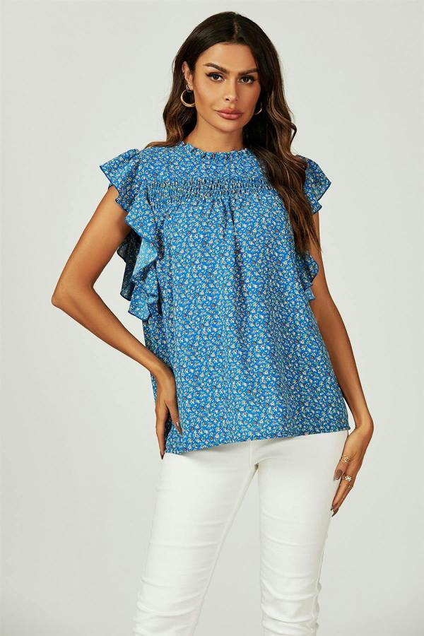 FS Collection Floral Print Frill Hem Short Sleeve Blouse Top In Blue