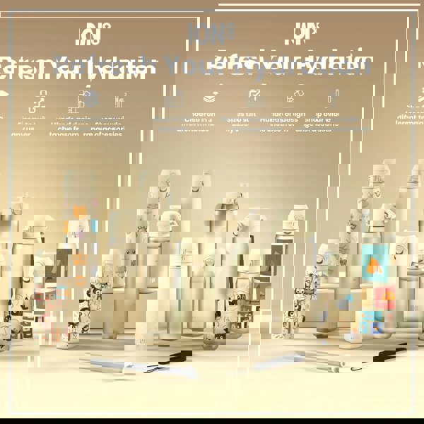 Several beige ION8 water bottles of varying sizes and designs are displayed on a light beige surface; a straw and carrying strap are also shown.