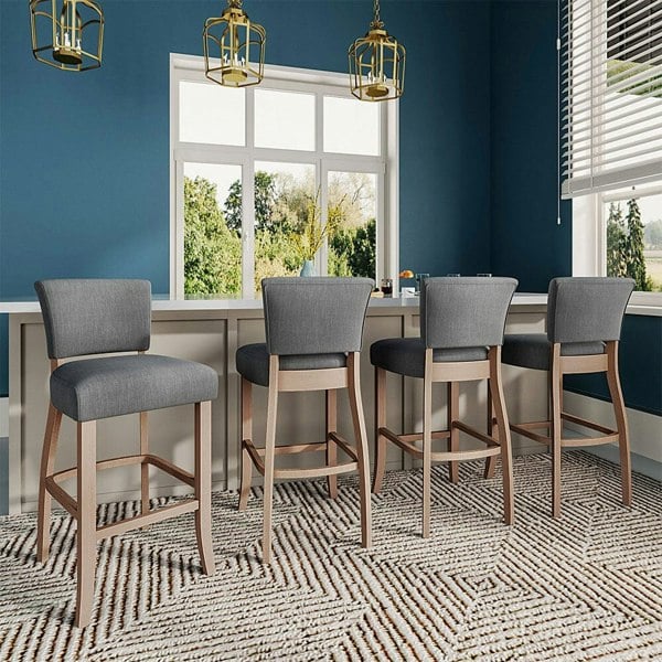 Set of 2 Linen Upholstered Bar Stool with Natural Wood Legs Bar Stools Living and Home