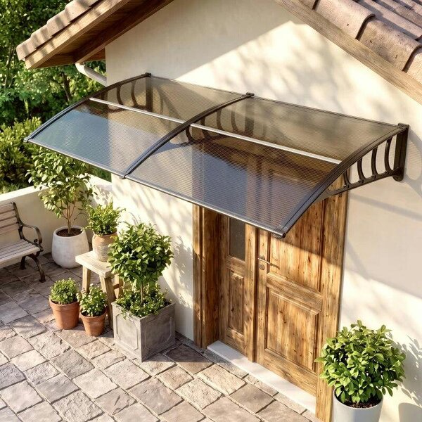 Front Door Canopy, Outdoor Awning, Rain Shelter, 200 x 96cm, Brown - Brown