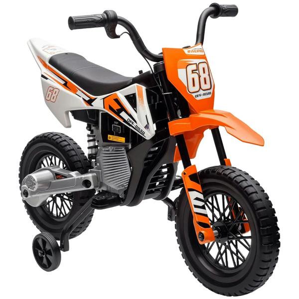 Kids electric motorbike with orange and white body, black seat, training wheels, twist throttle