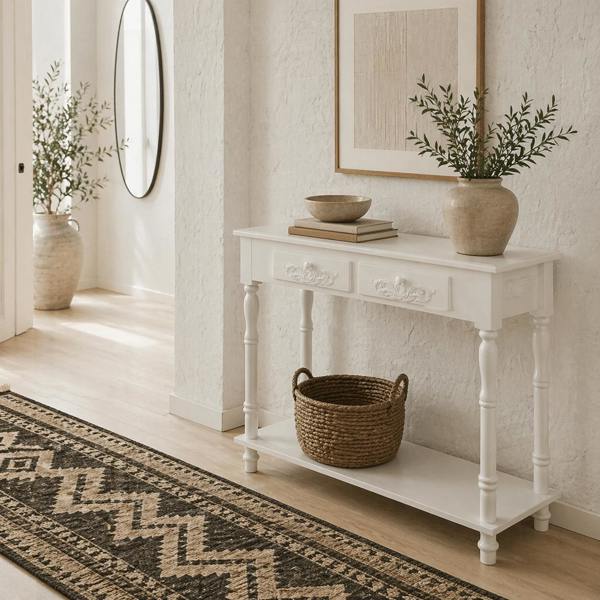 Wyld Haus Relo Wooden White French Console Table With Drawers And Bottom Shelf